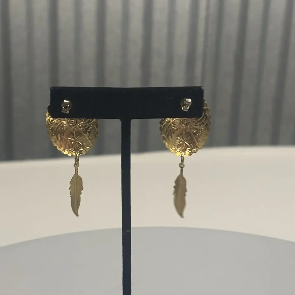 Vintage Gold Tone Concho‎ Earrings Pierced Dangle Feather Drop Western Jewelry